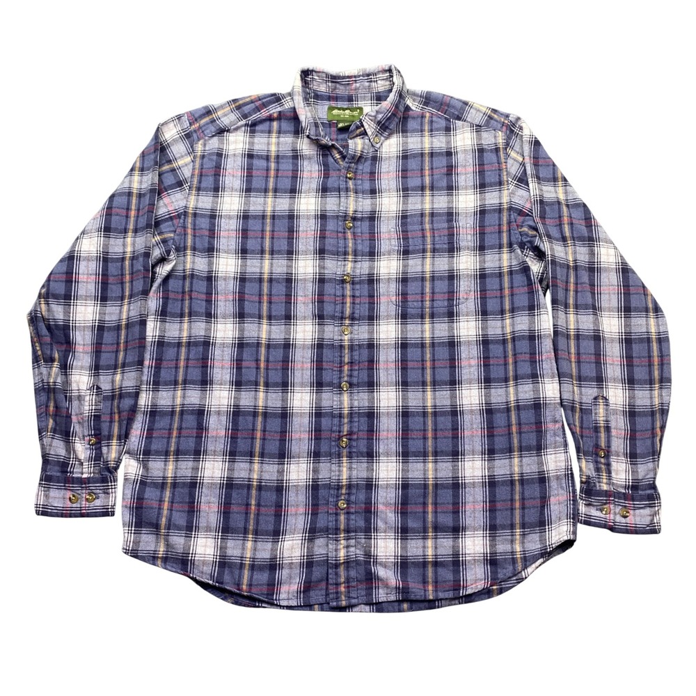 VTG Eddie Bauer Mens Large Tall Flannel Button Down Shirt Blue Gray Plaid Cotton